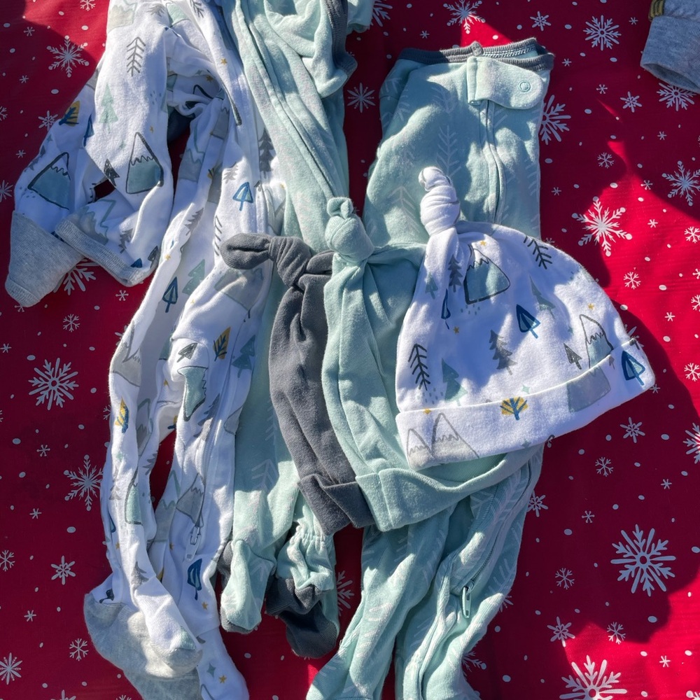 Cloud Island Green and White Kids One Pieces Footies and beanies